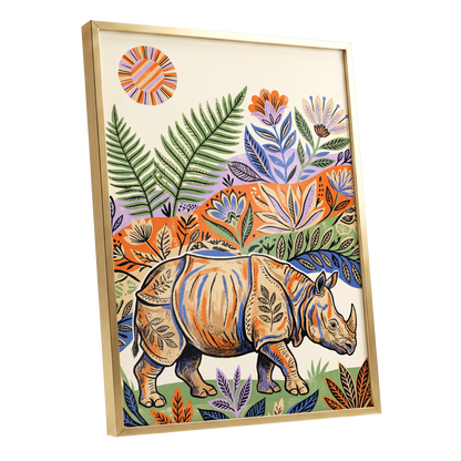 Rhino in Bloom, orange, green, beige nature wall art shown as a gold framed poster wall art print
