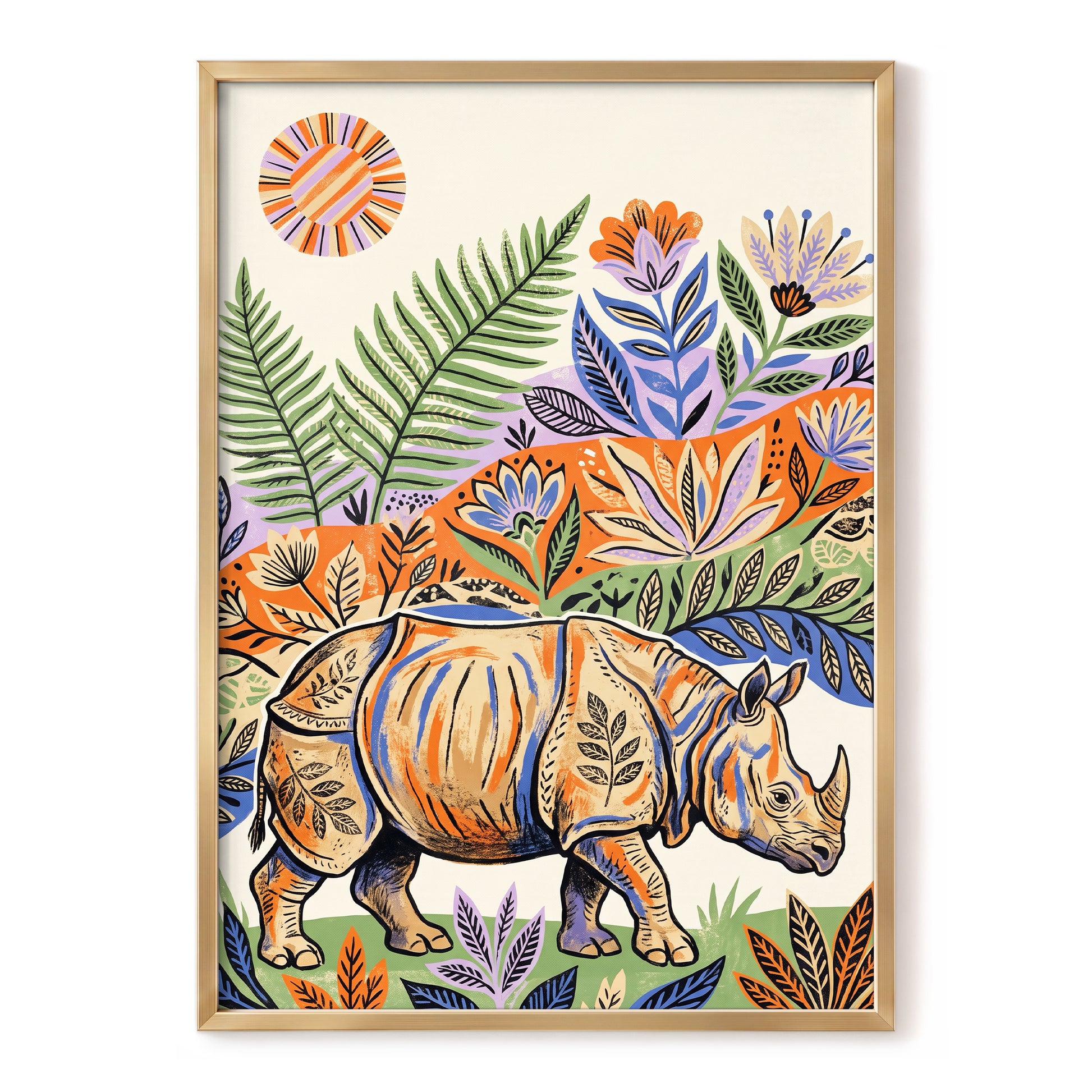 Rhino in Bloom, orange, green, beige nature wall art, front artwork view