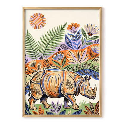 Rhino in Bloom, orange, green, beige nature wall art, front artwork view