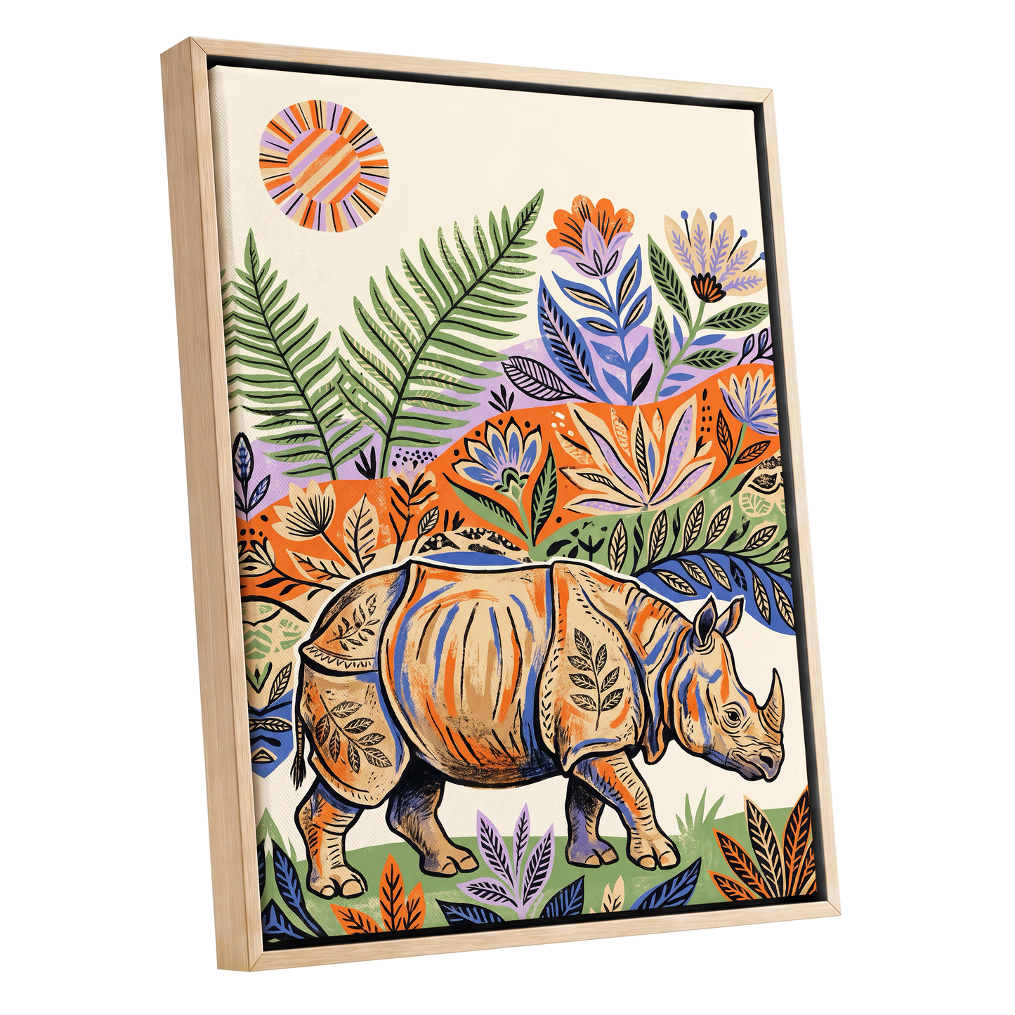 Rhino in Bloom, orange, green, beige nature wall art shown as a oak framed canvas wall art