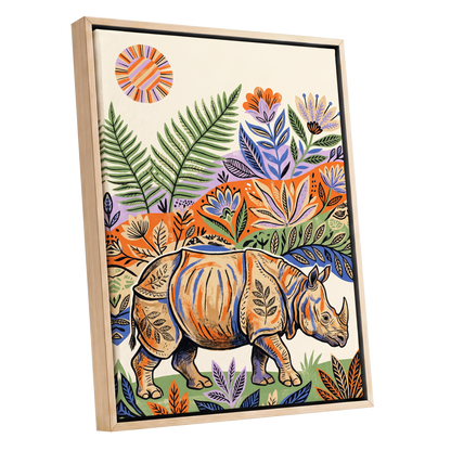 Rhino in Bloom, orange, green, beige nature wall art shown as a oak framed canvas wall art