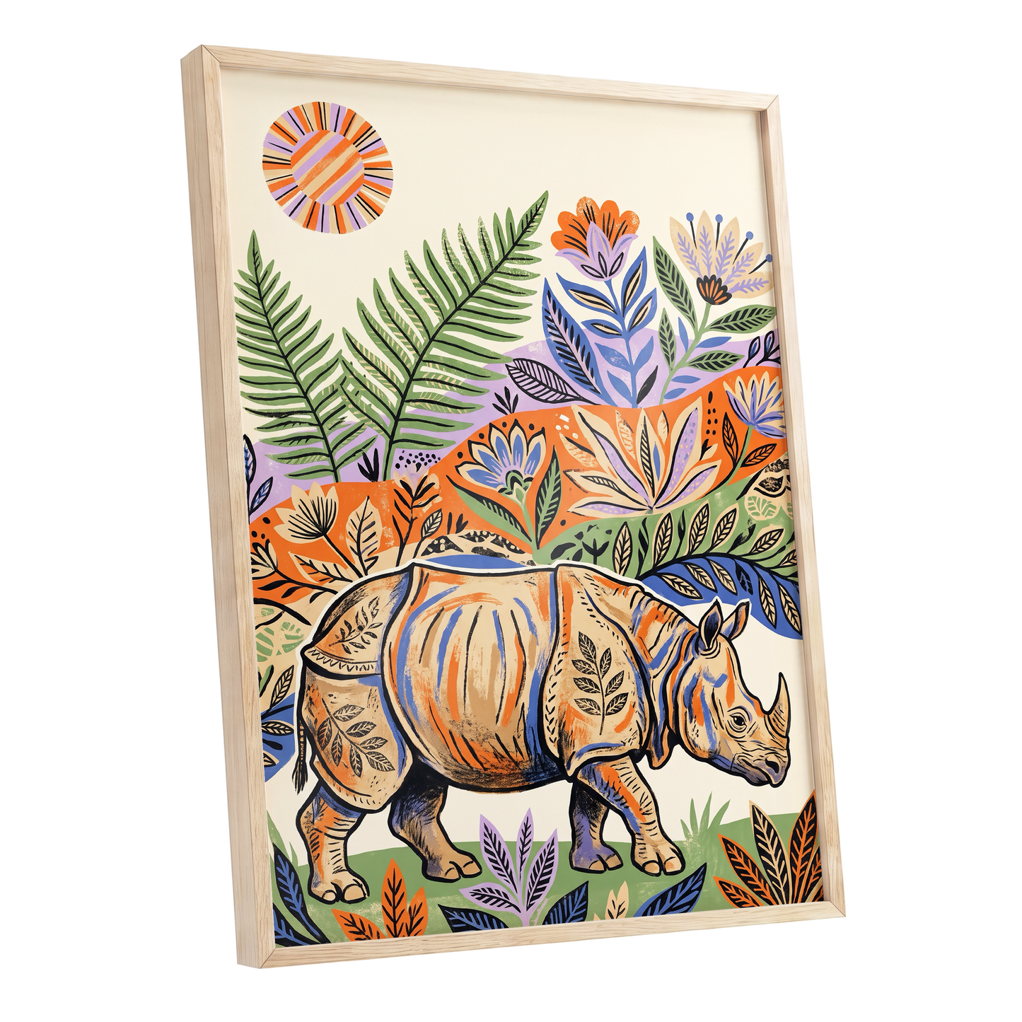 Rhino in Bloom, orange, green, beige nature wall art shown as a oak framed poster wall art print