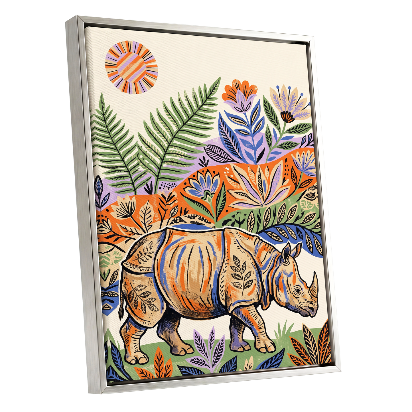 Rhino in Bloom, orange, green, beige nature wall art shown as a silver framed canvas wall art