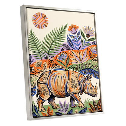 Rhino in Bloom, orange, green, beige nature wall art shown as a silver framed canvas wall art