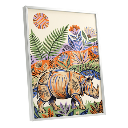 Rhino in Bloom, orange, green, beige nature wall art shown as a silver framed poster wall art print