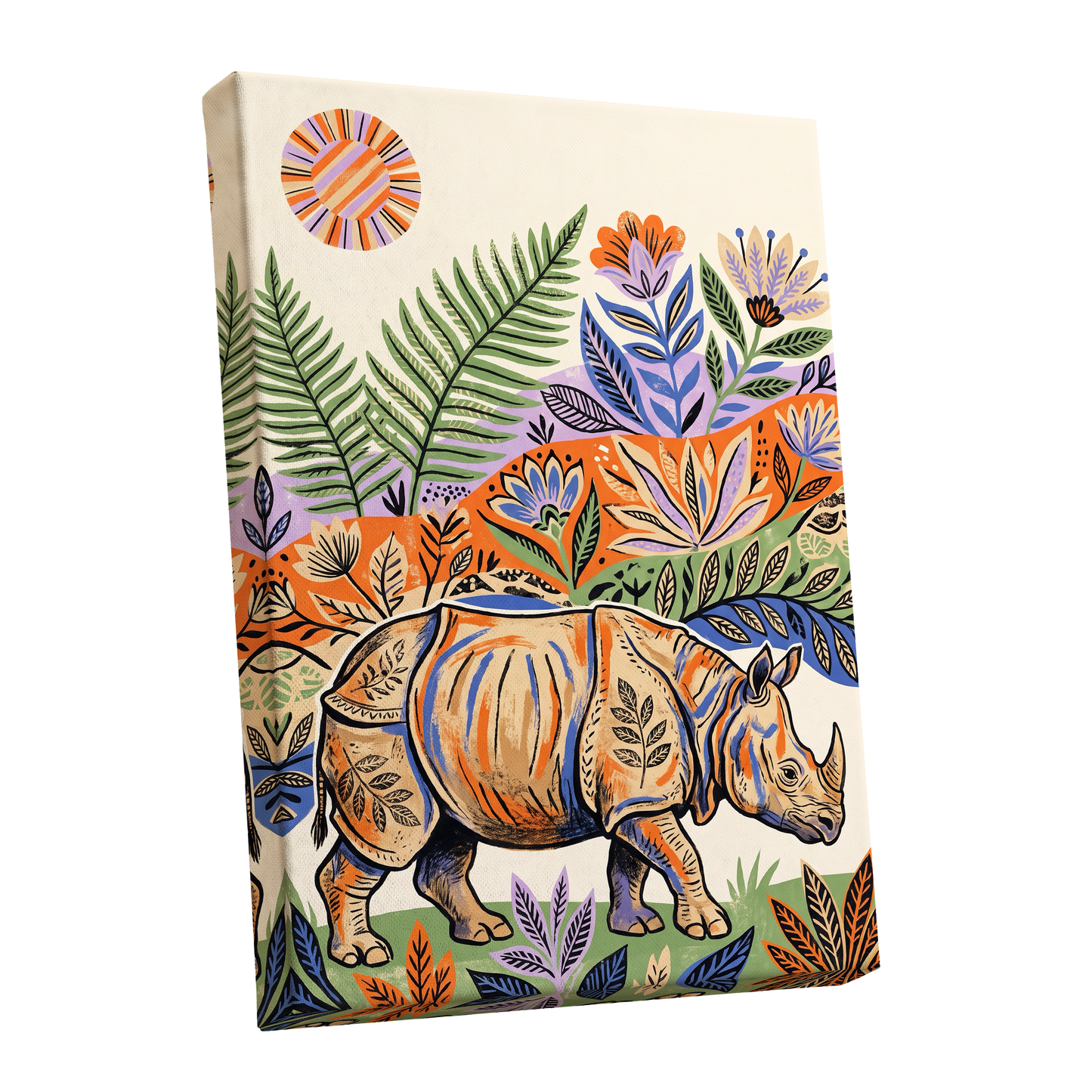 Rhino in Bloom, orange, green, beige nature wall art shown as a stretched canvas wall art