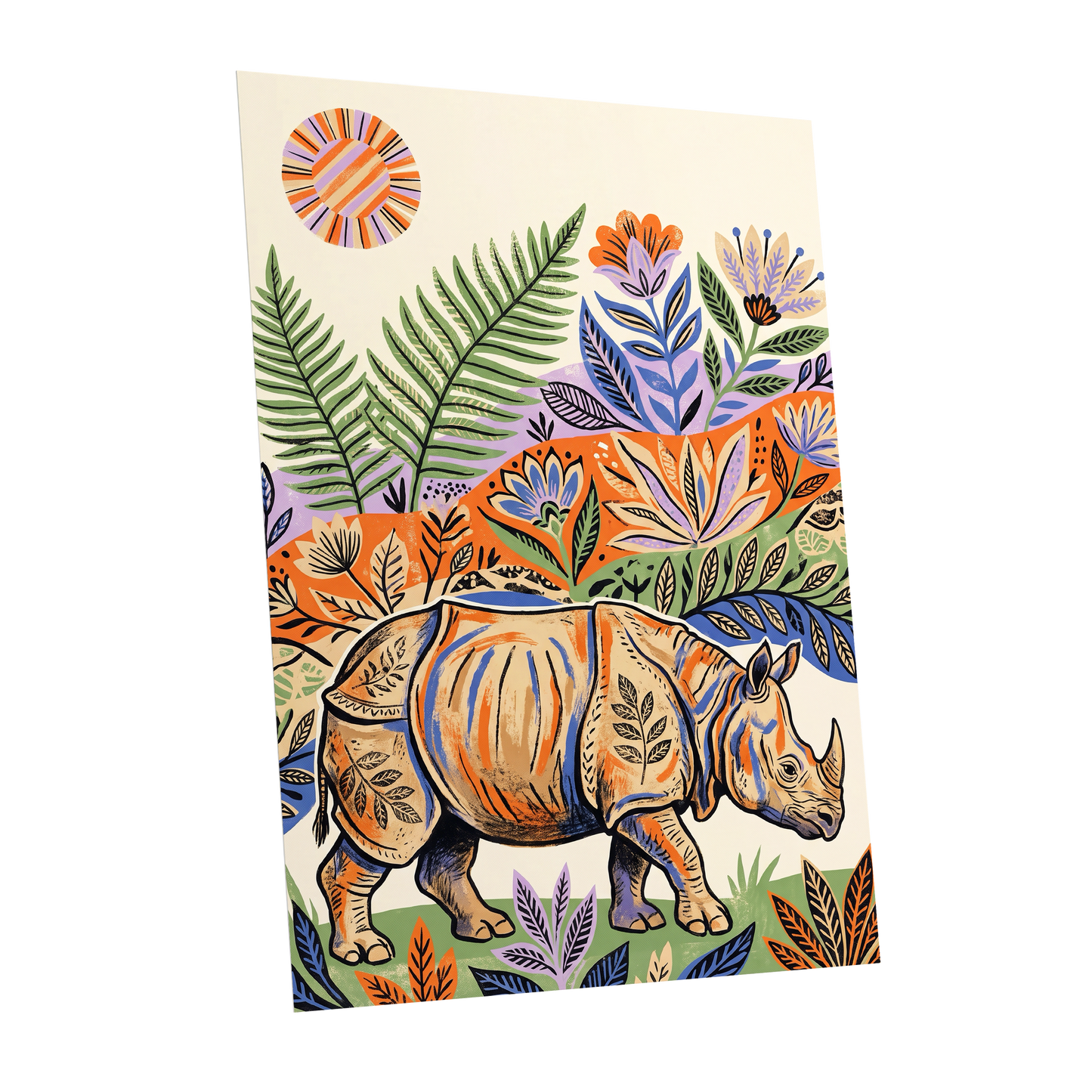 Rhino in Bloom, orange, green, beige nature wall art shown as a unframed poster wall art print