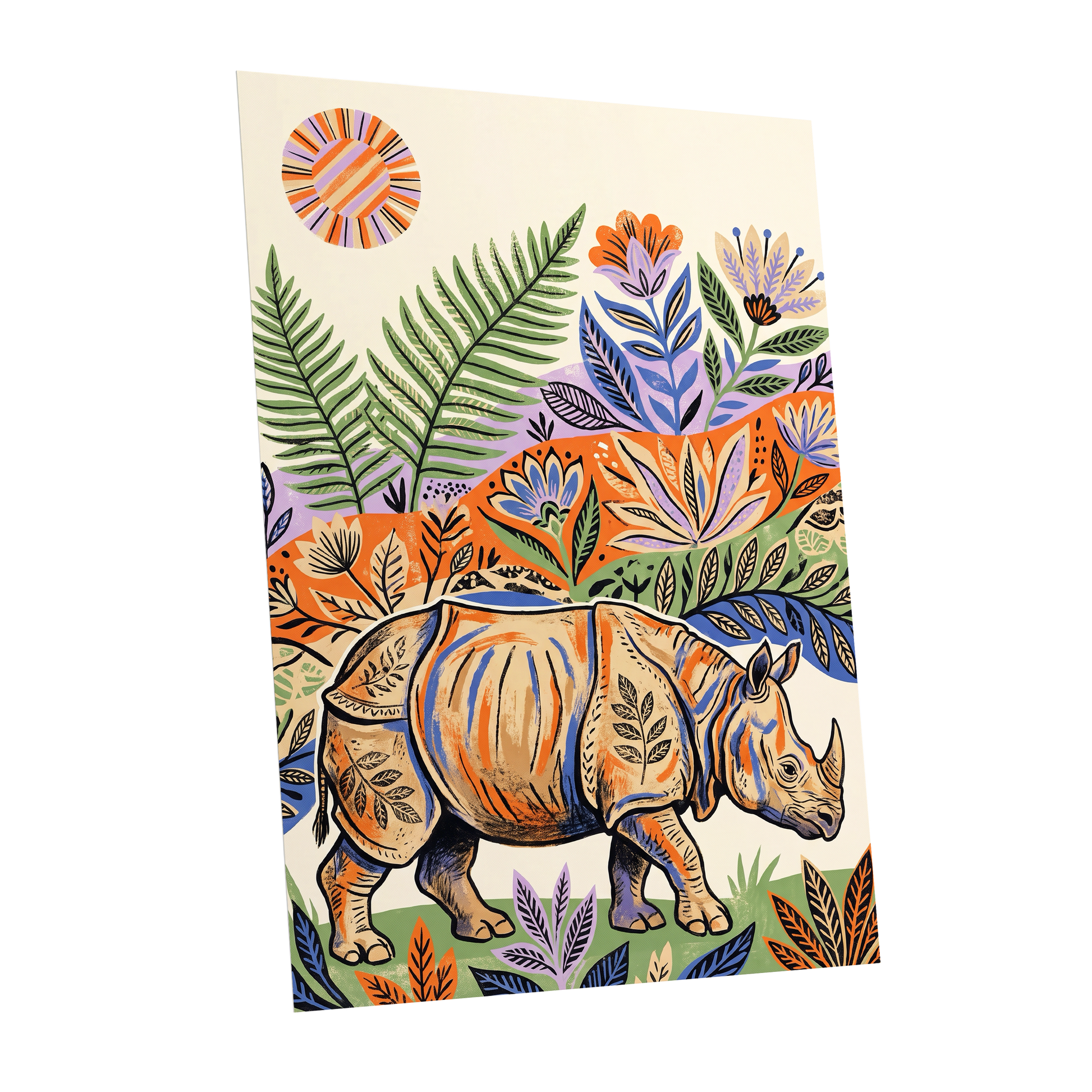 Rhino in Bloom, orange, green, beige nature wall art shown as a unframed poster wall art print