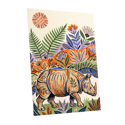 Rhino in Bloom, orange, green, beige nature wall art shown as a unframed poster wall art print