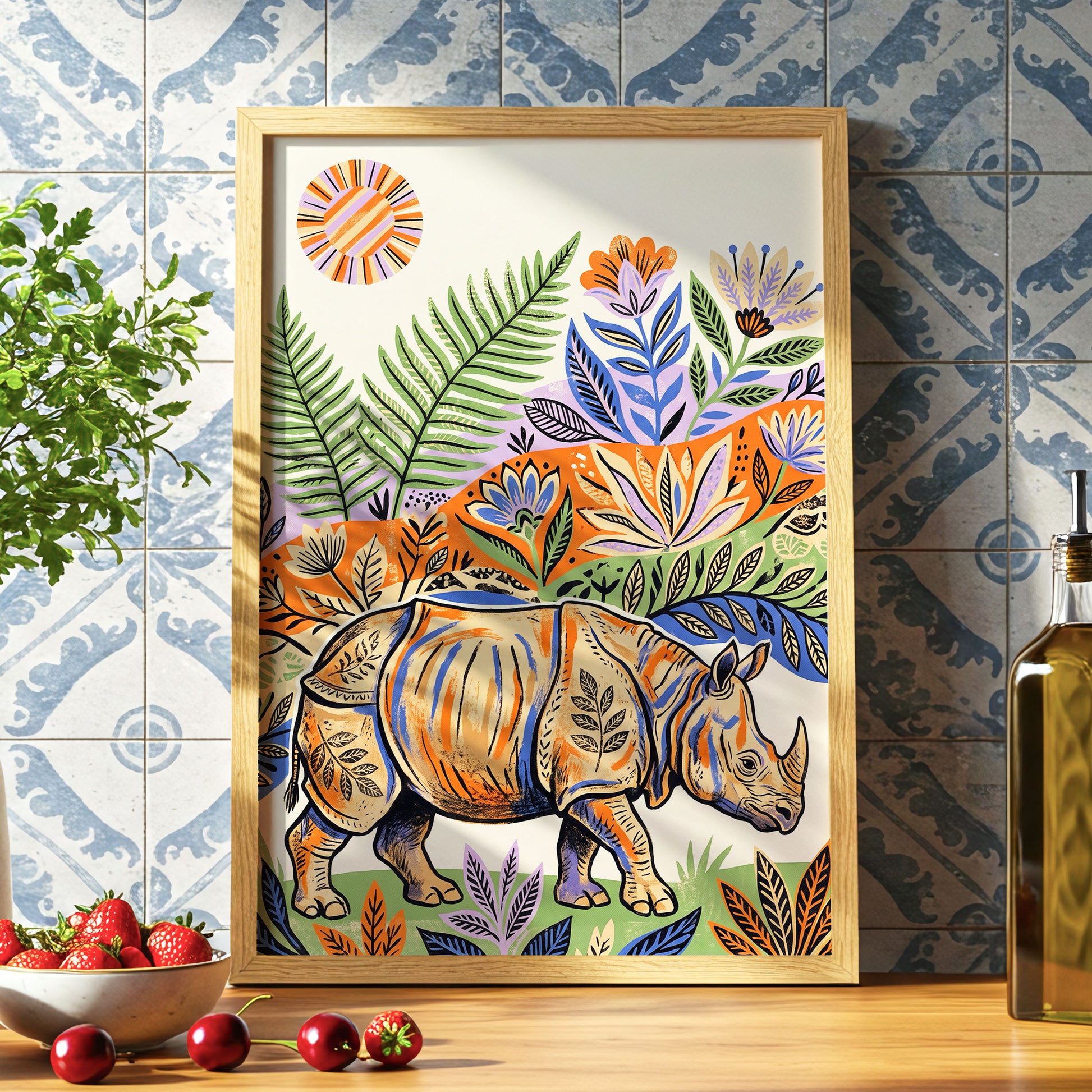 Rhino in Bloom, orange, green, beige nature wall art displayed in a styled interior, gallery view 2