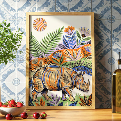 Rhino in Bloom, orange, green, beige nature wall art displayed in a styled interior, gallery view 2