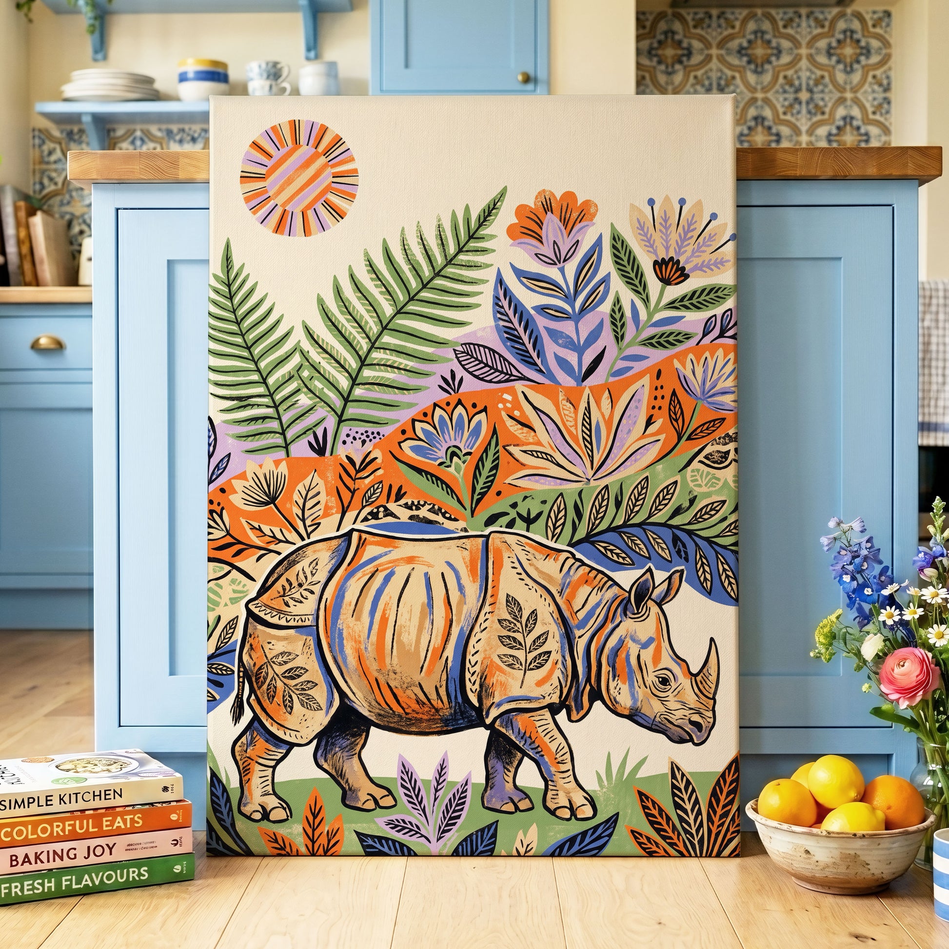 Rhino in Bloom, orange, green, beige nature wall art displayed in a styled interior, gallery view 3