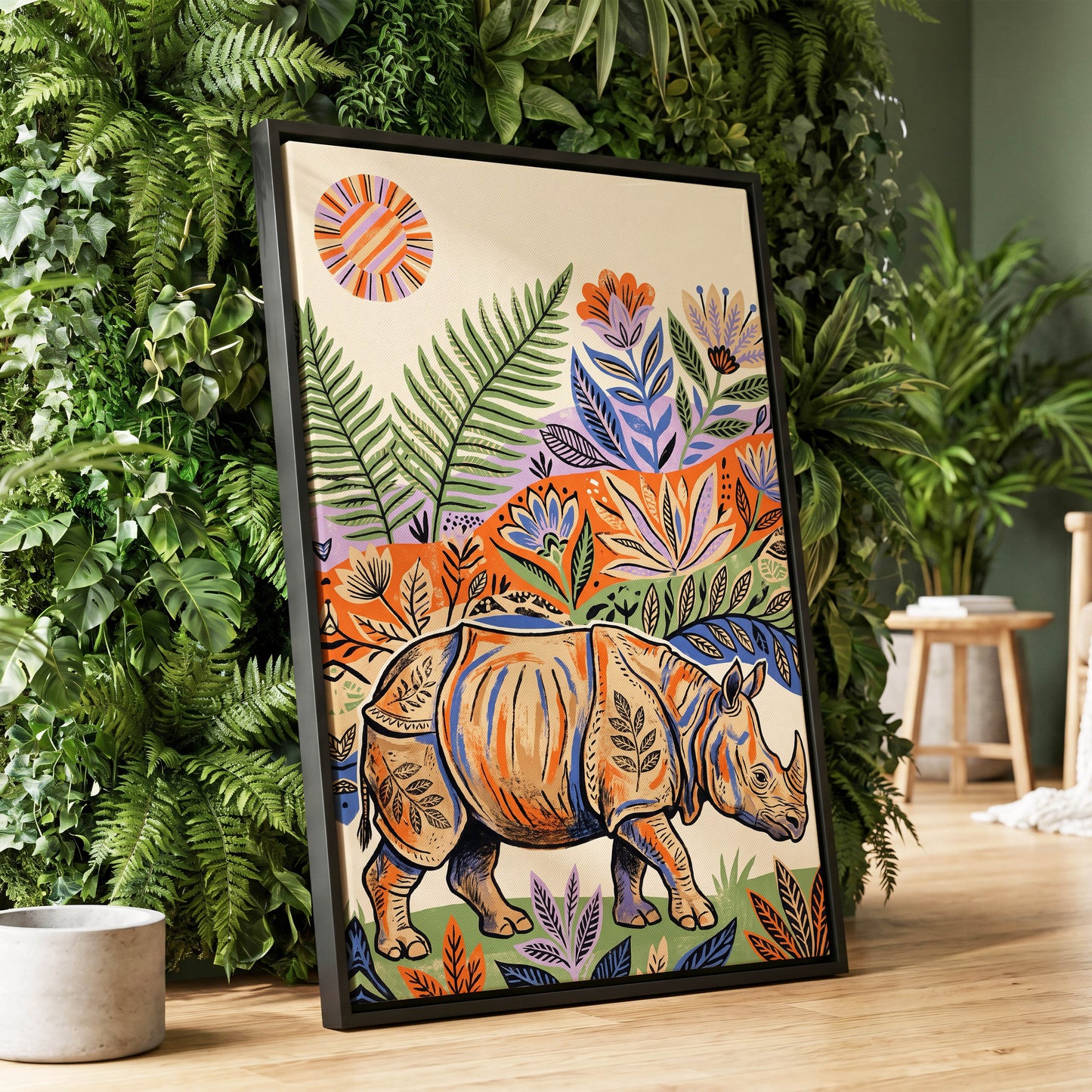 Rhino in Bloom, orange, green, beige nature wall art displayed in a styled interior, gallery view 4