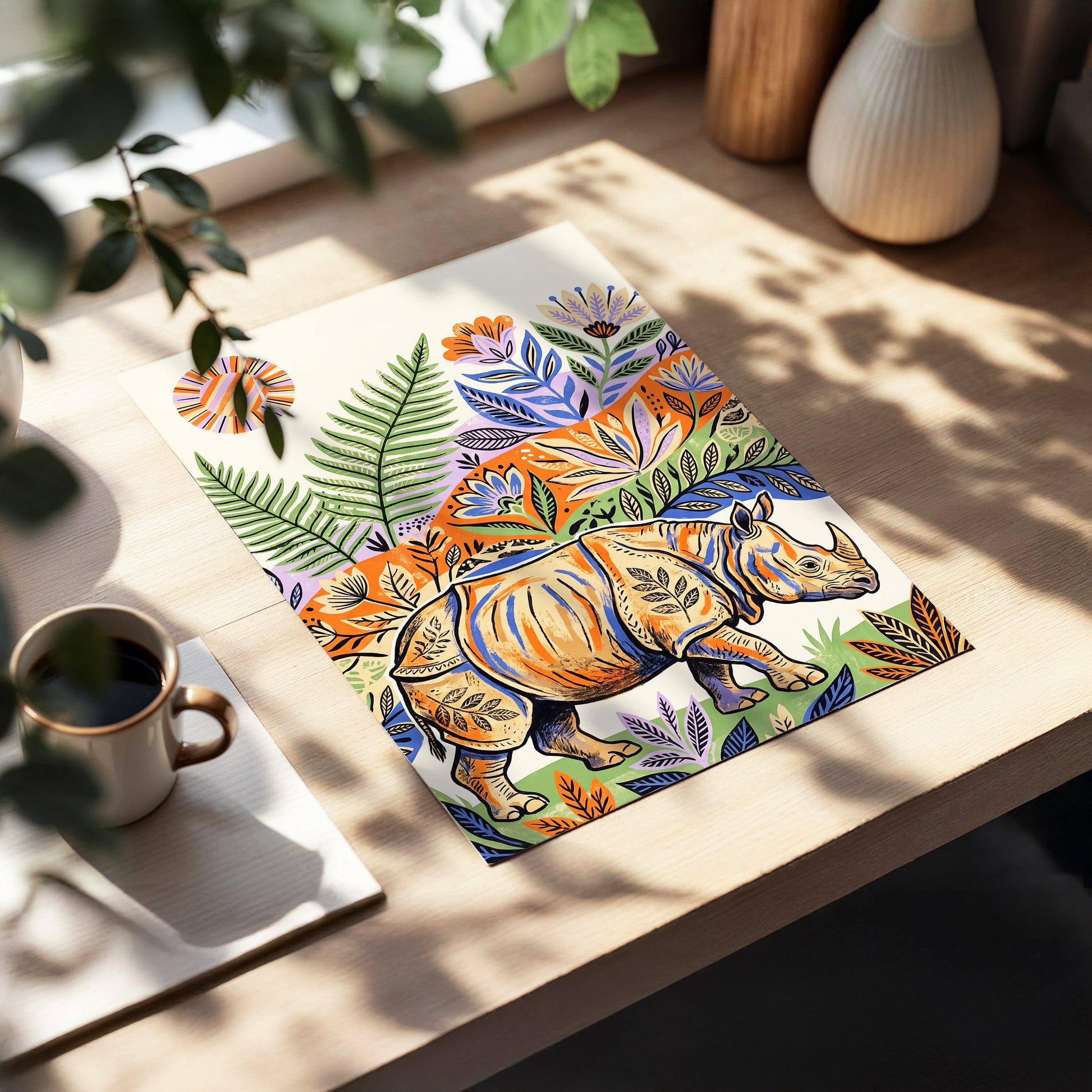 Rhino in Bloom, orange, green, beige nature wall art displayed in a styled interior, gallery view 5