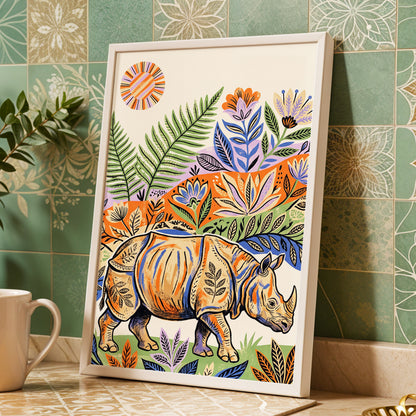Rhino in Bloom, orange, green, beige nature wall art displayed in a styled interior, gallery view 6