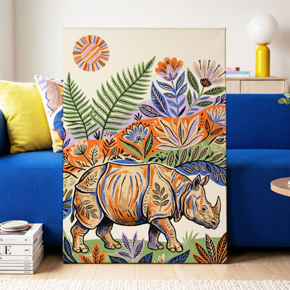 Rhino in Bloom, orange, green, beige nature wall art displayed in a styled interior, gallery view 7