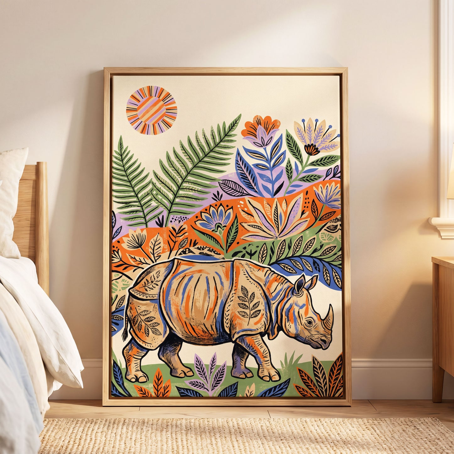 Rhino in Bloom, orange, green, beige nature wall art displayed in a styled interior, gallery view 8