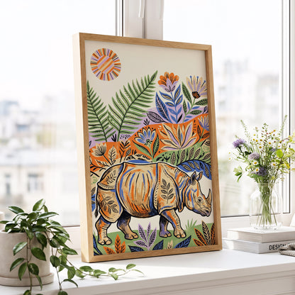 Rhino in Bloom, orange, green, beige nature wall art displayed in a styled interior, gallery view 9