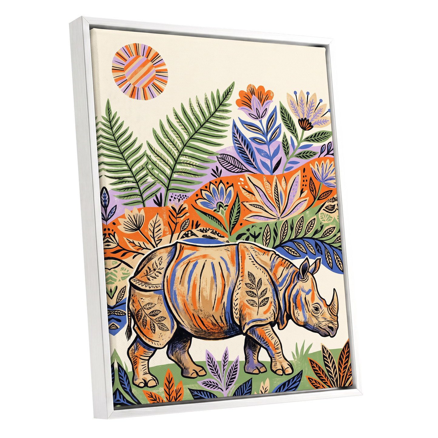 Rhino in Bloom, orange, green, beige nature wall art shown as a white framed canvas wall art