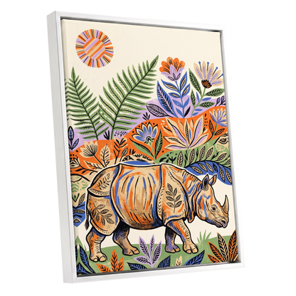 Rhino in Bloom, orange, green, beige nature wall art shown as a white framed canvas wall art