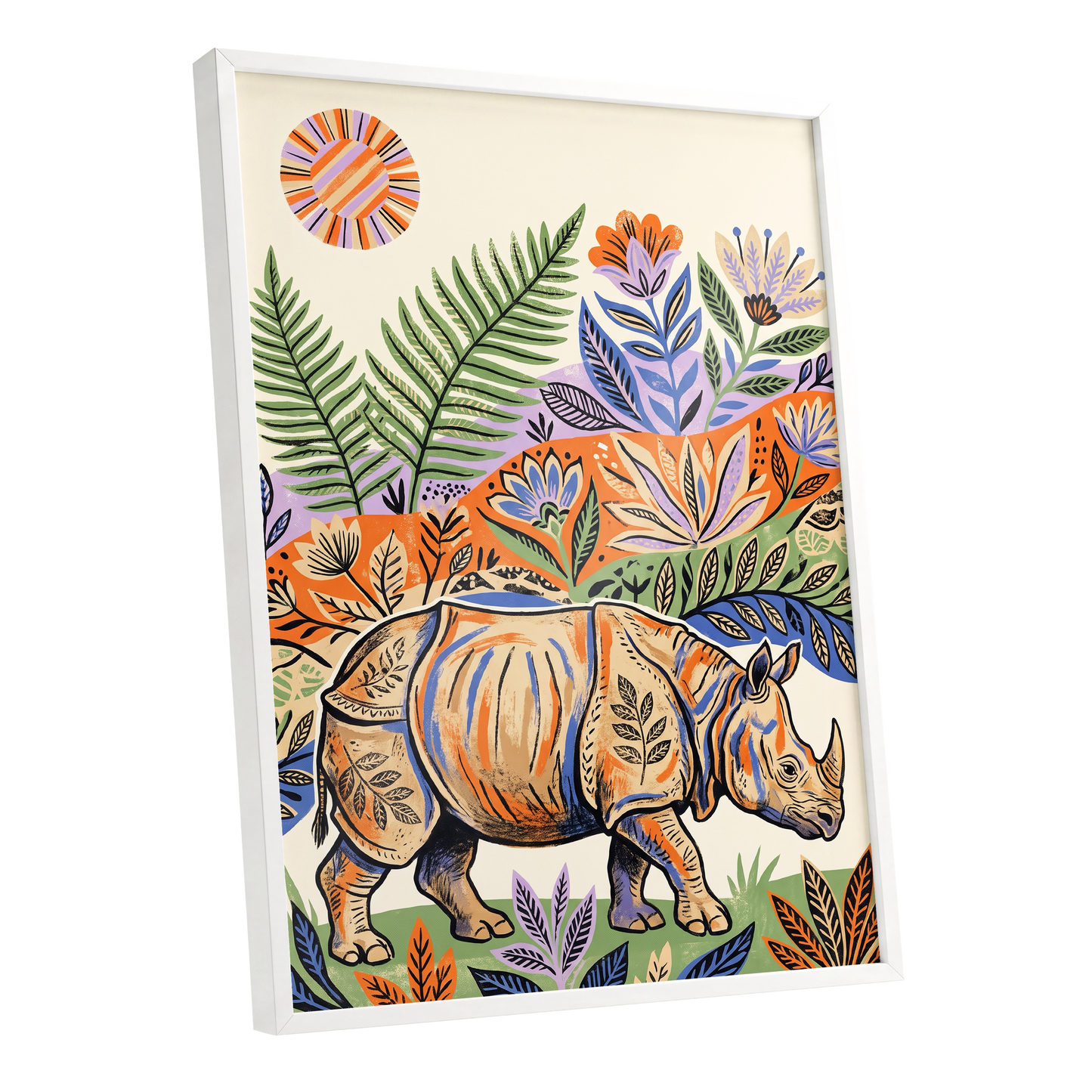 Rhino in Bloom, orange, green, beige nature wall art shown as a white framed poster wall art print