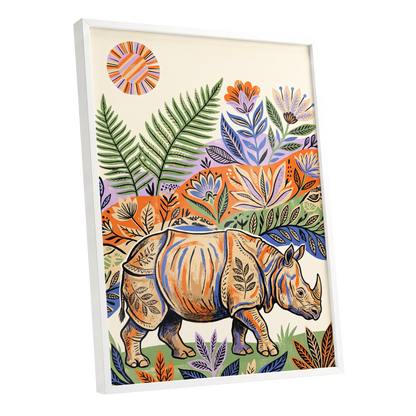Rhino in Bloom, orange, green, beige nature wall art shown as a white framed poster wall art print