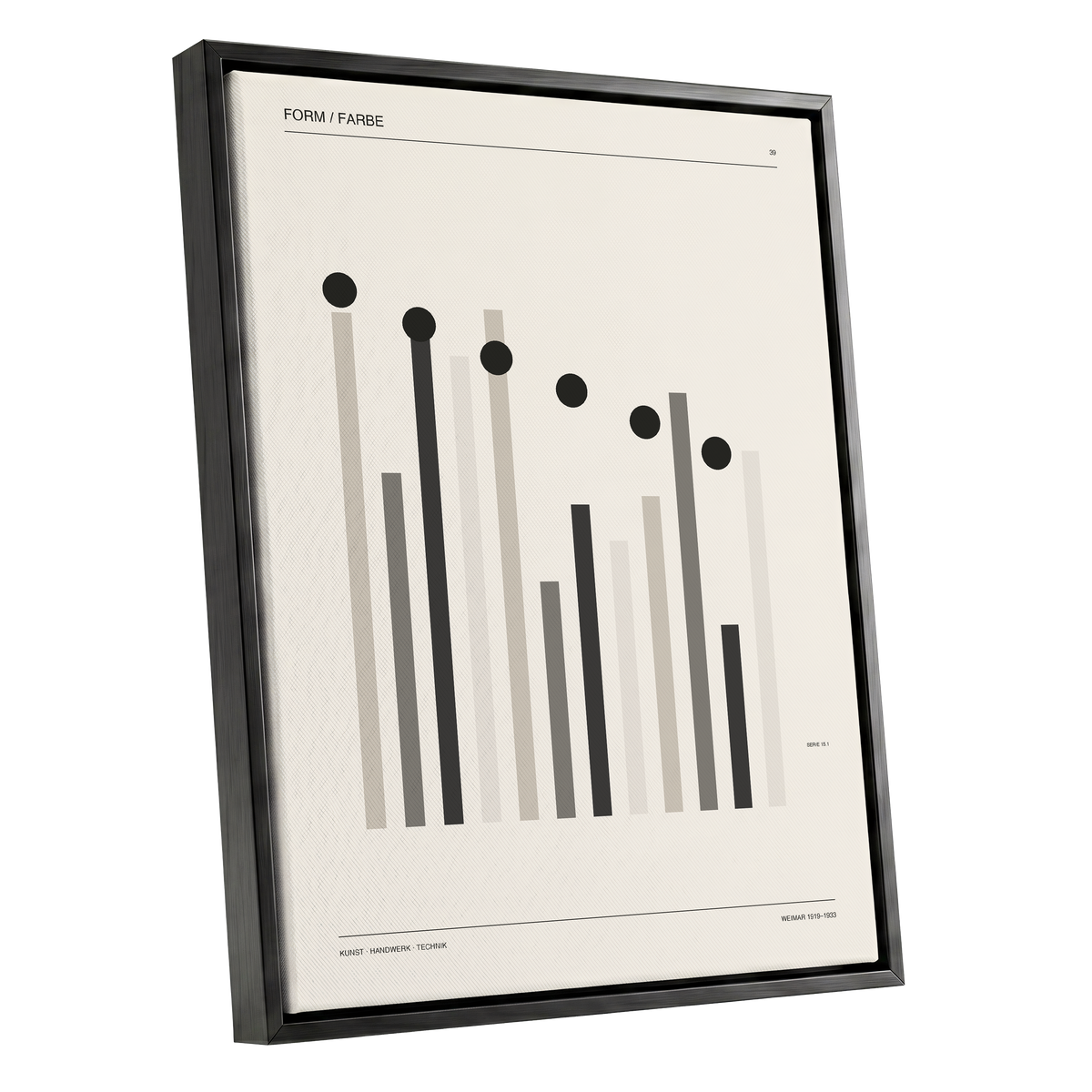 Rhythm of Form, black, beige, gray minimalist wall art shown as a black framed canvas wall art