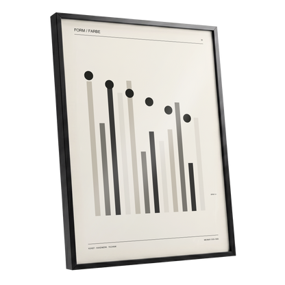 Rhythm of Form, black, beige, gray minimalist wall art shown as a black framed poster wall art print