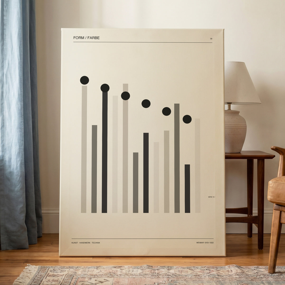 Rhythm of Form, black, beige, gray minimalist wall art on canvas displayed in a styled interior, gallery view 1