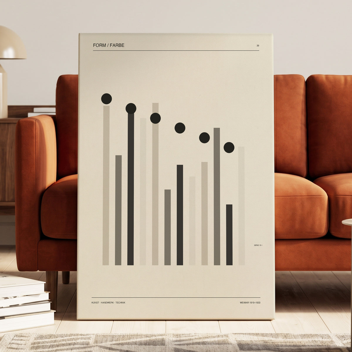 Rhythm of Form, black, beige, gray minimalist wall art on canvas displayed in a styled interior, gallery view 2