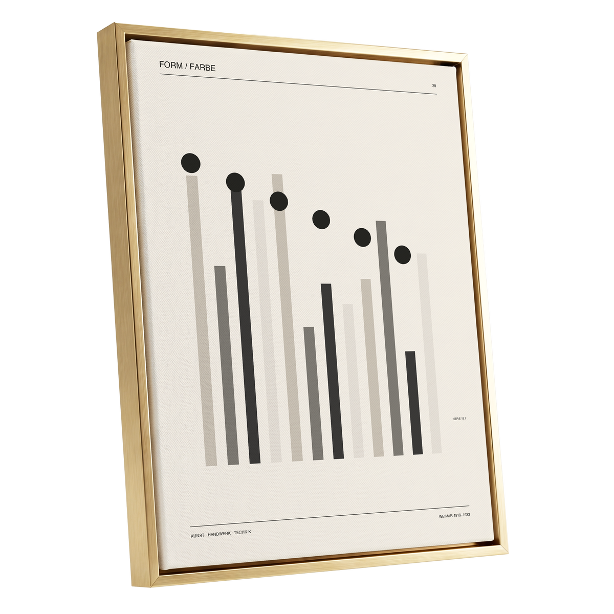 Rhythm of Form, black, beige, gray minimalist wall art shown as a gold framed canvas wall art