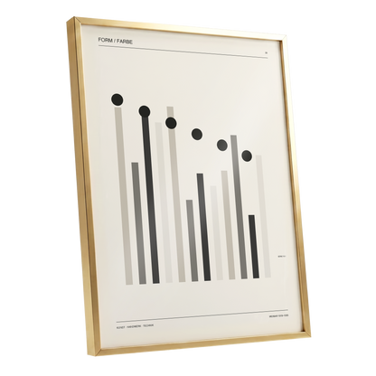 Rhythm of Form, black, beige, gray minimalist wall art shown as a gold framed poster wall art print