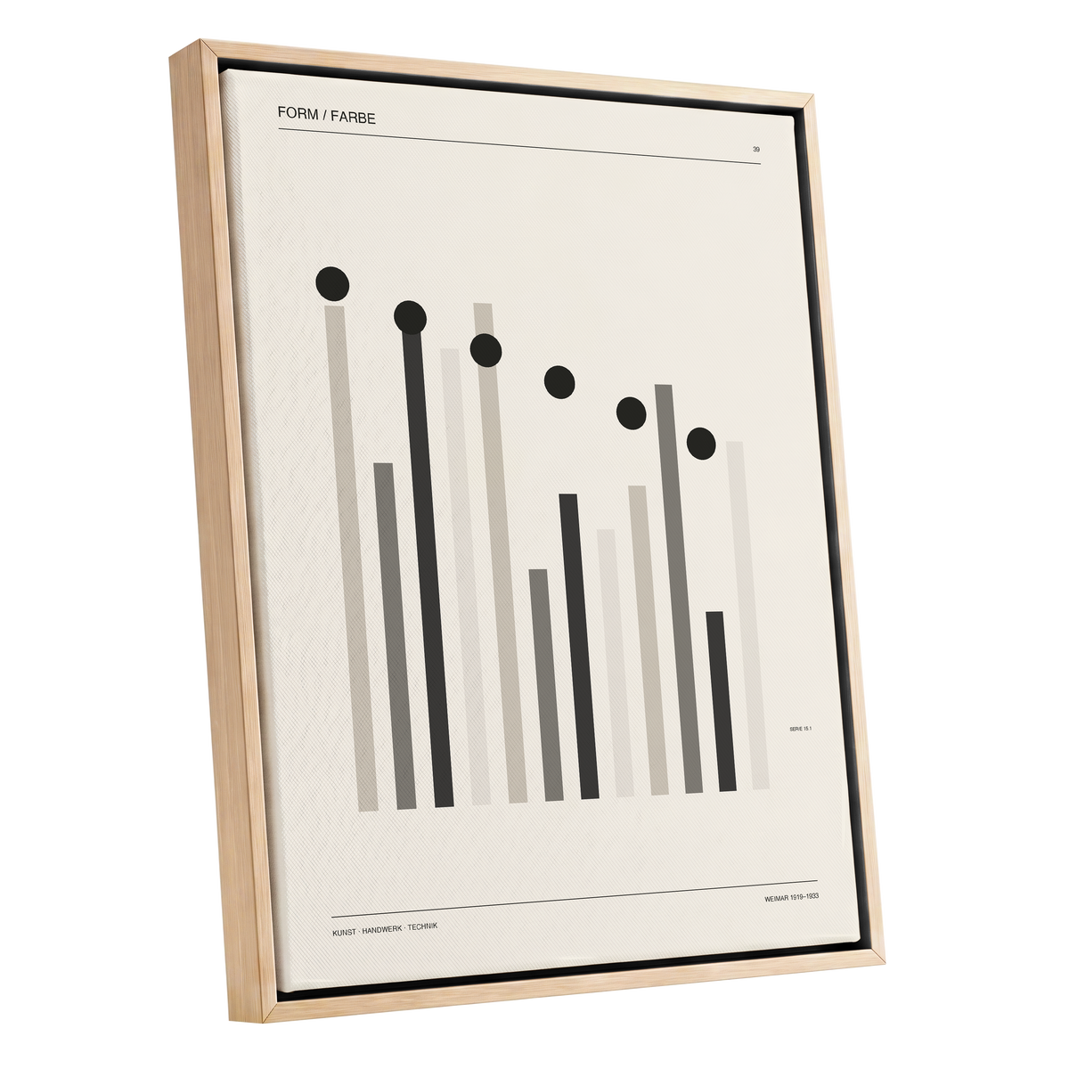 Rhythm of Form, black, beige, gray minimalist wall art shown as a oak framed canvas wall art