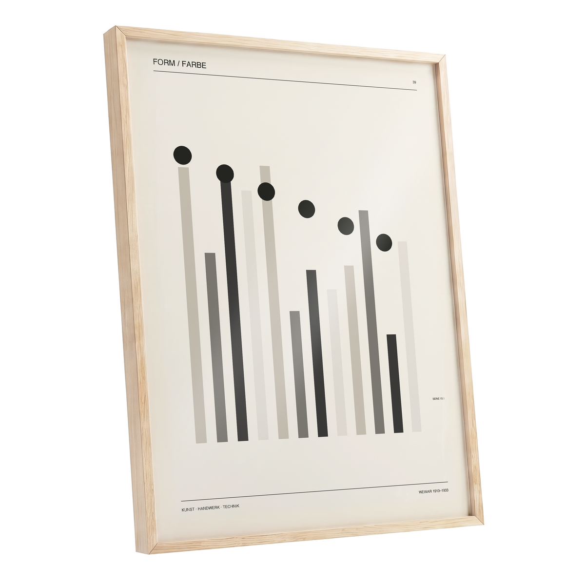 Rhythm of Form, black, beige, gray minimalist wall art shown as a oak framed poster wall art print