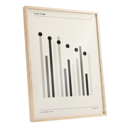Rhythm of Form, black, beige, gray minimalist wall art shown as a oak framed poster wall art print
