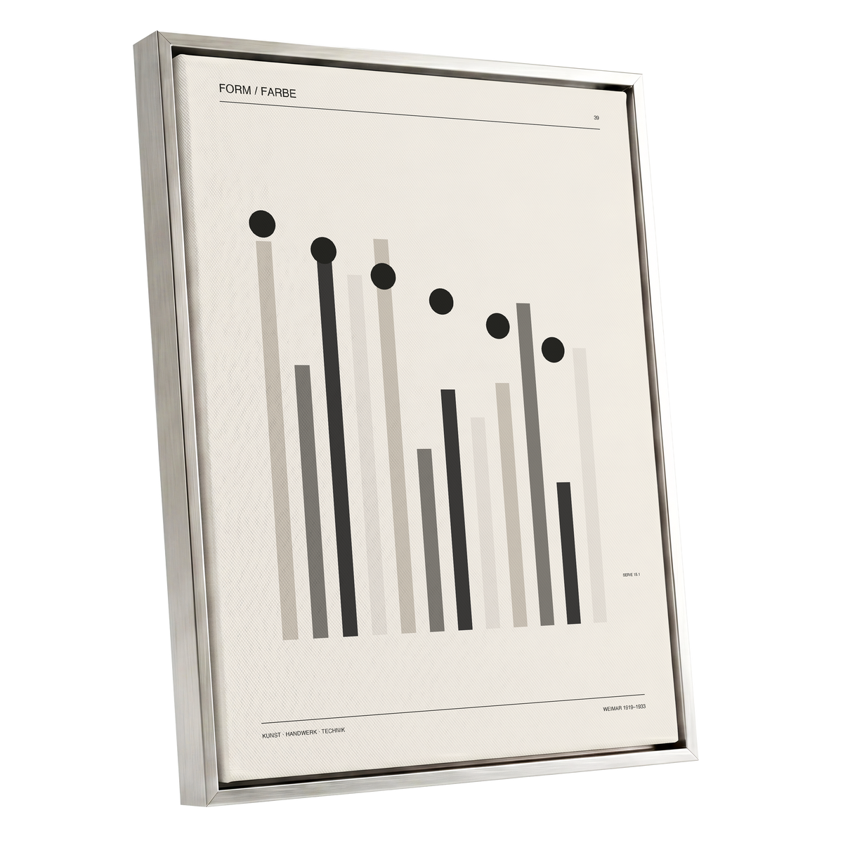 Rhythm of Form, black, beige, gray minimalist wall art shown as a silver framed canvas wall art