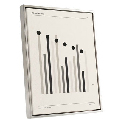 Rhythm of Form, black, beige, gray minimalist wall art shown as a silver framed canvas wall art