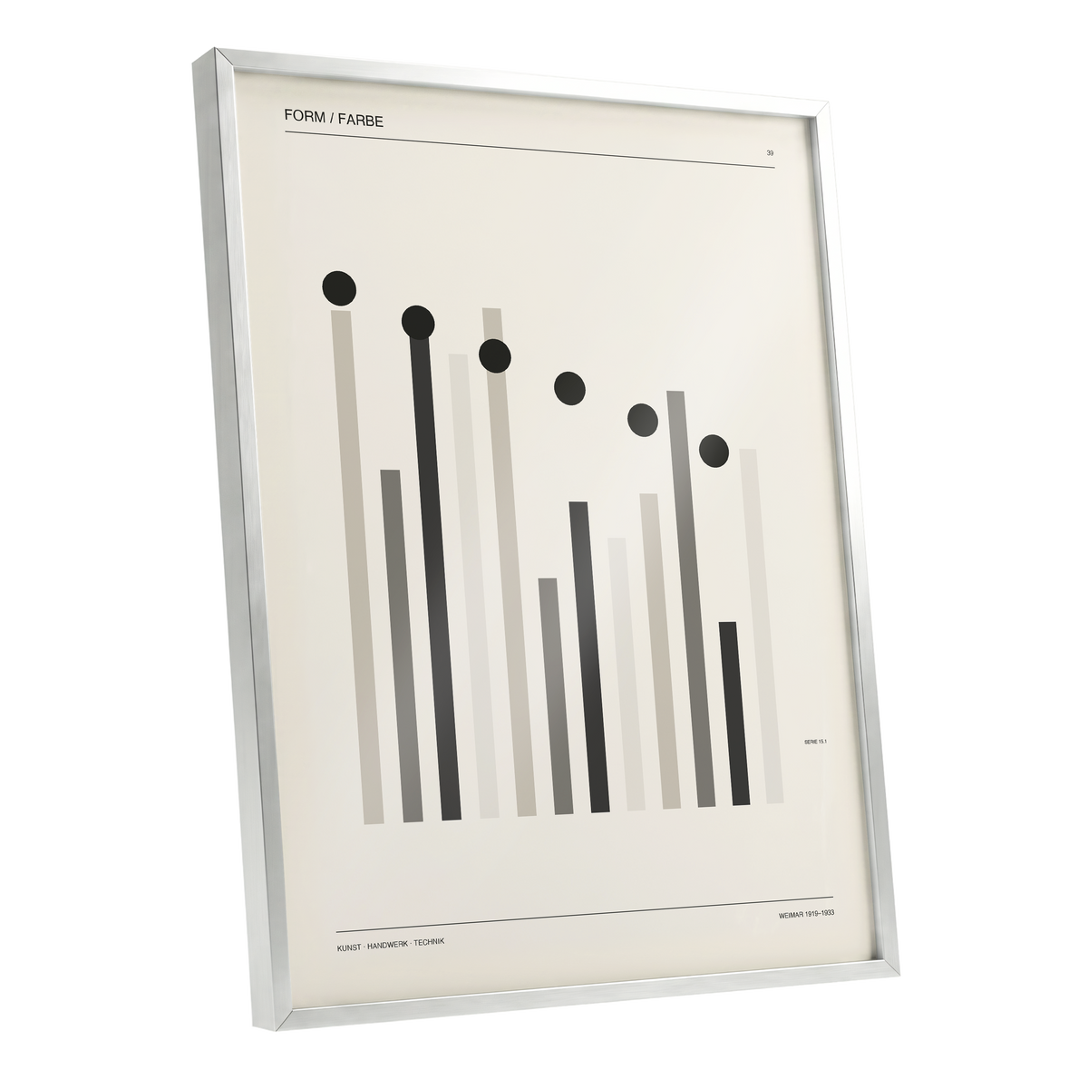 Rhythm of Form, black, beige, gray minimalist wall art shown as a silver framed poster wall art print