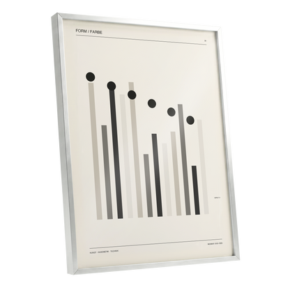 Rhythm of Form, black, beige, gray minimalist wall art shown as a silver framed poster wall art print