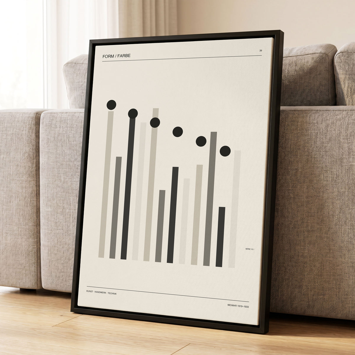 Rhythm of Form, black, beige, gray minimalist wall art displayed in a styled interior, gallery view 1