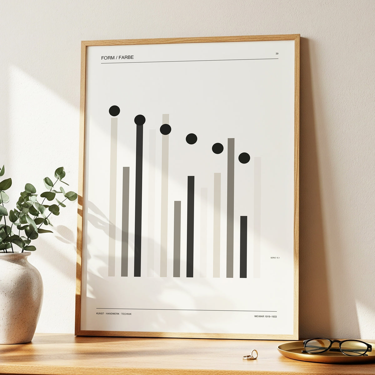Rhythm of Form, black, beige, gray minimalist wall art displayed in a styled interior, gallery view 2