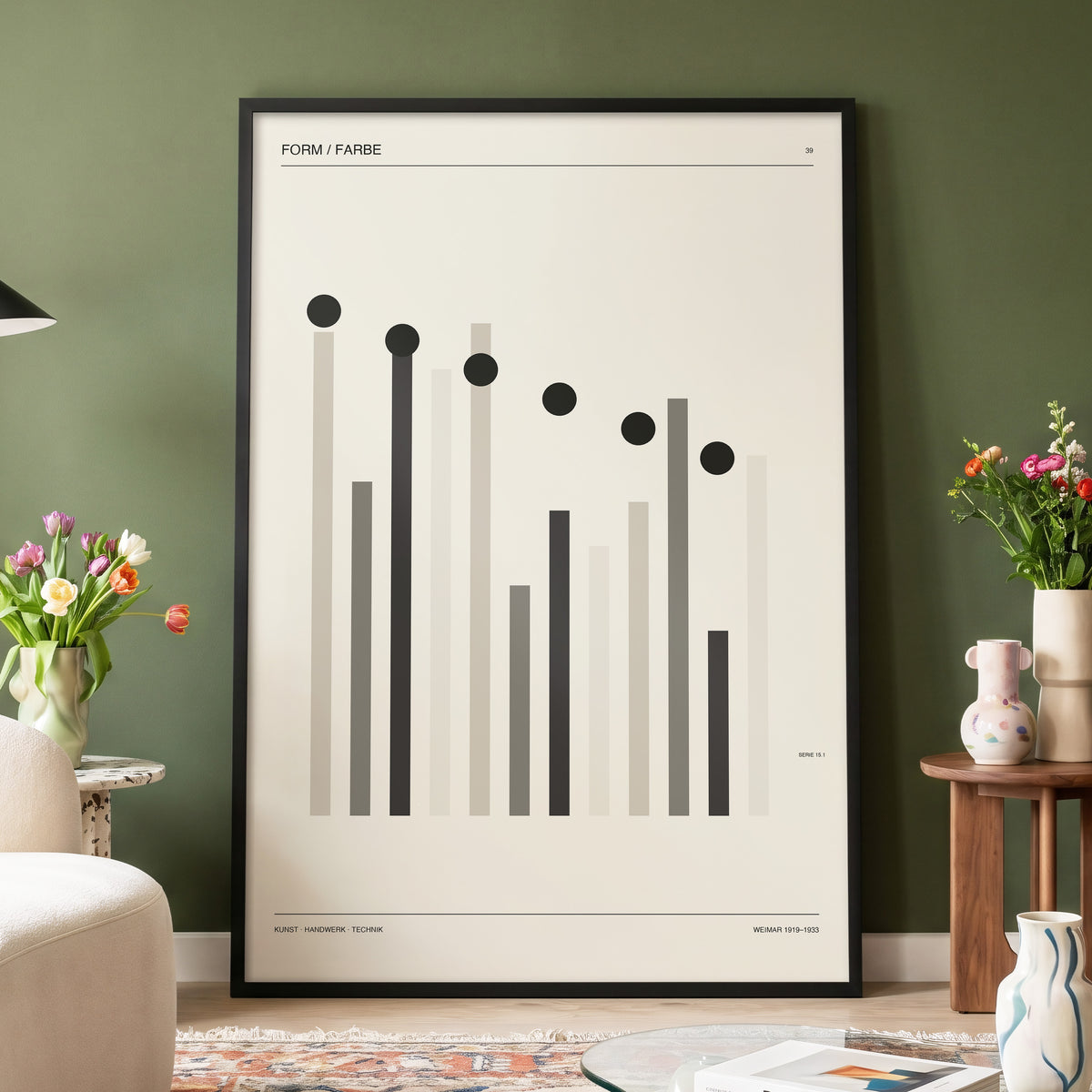Rhythm of Form, black, beige, gray minimalist wall art displayed in a styled interior, gallery view 4