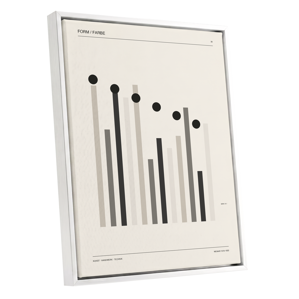 Rhythm of Form, black, beige, gray minimalist wall art shown as a white framed canvas wall art