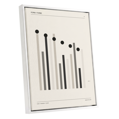Rhythm of Form, black, beige, gray minimalist wall art shown as a white framed canvas wall art