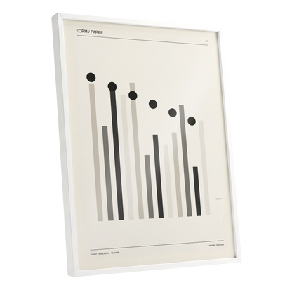 Rhythm of Form, black, beige, gray minimalist wall art shown as a white framed poster wall art print