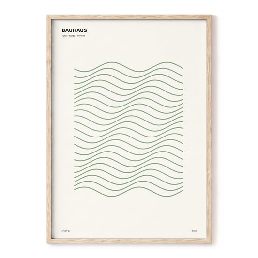 Rhythmic Bauhaus Waves, green, beige, black minimalist wall art, front artwork view