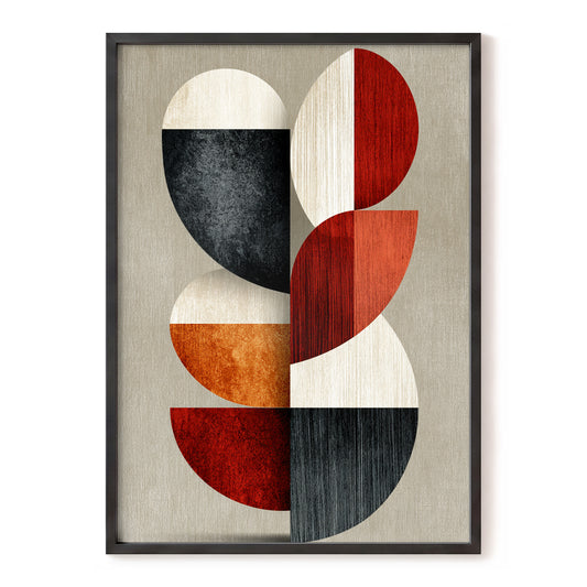 Rhythms in Form, red, orange, black abstract wall art, front artwork view
