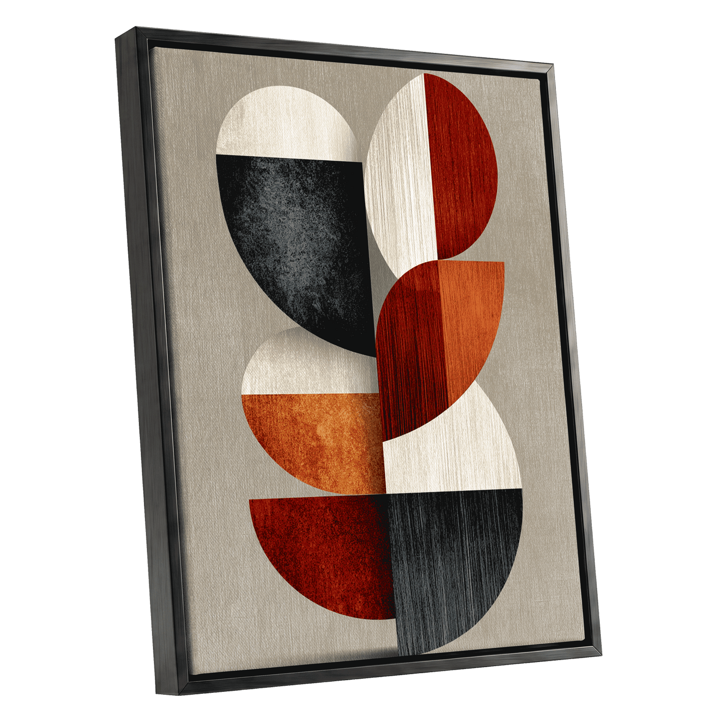 Rhythms in Form, red, orange, black abstract wall art shown as a black framed canvas wall art