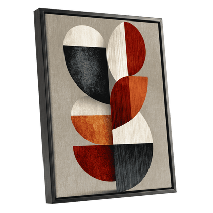 Rhythms in Form, red, orange, black abstract wall art shown as a black framed canvas wall art