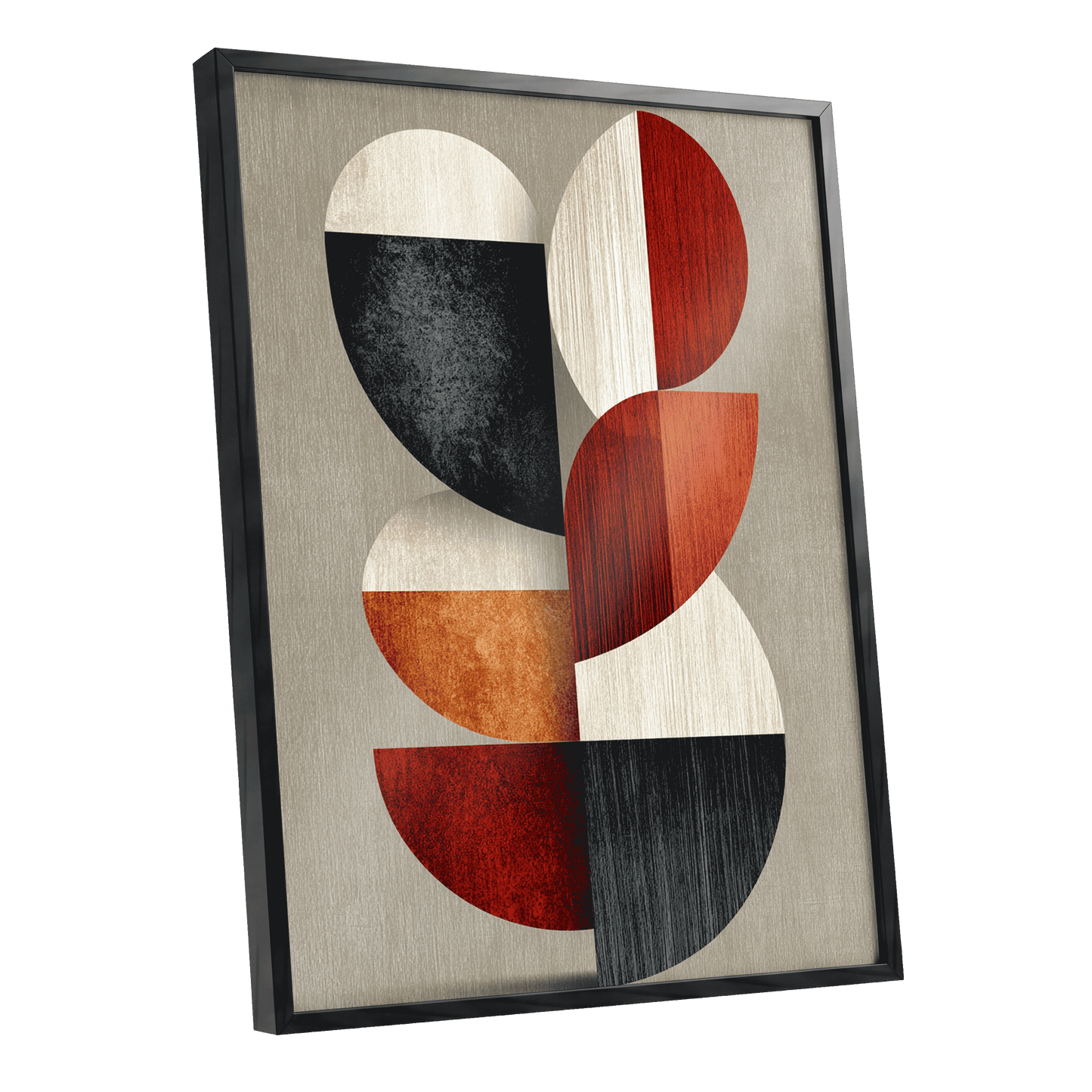 Rhythms in Form, red, orange, black abstract wall art shown as a black framed poster wall art print